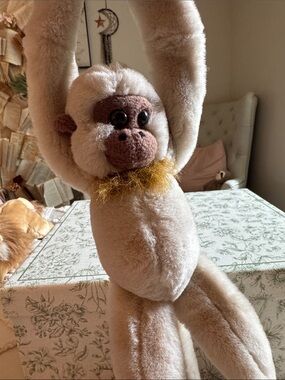 Plush hanging Beige Monkey with Brown Face and Gold Neck Fur